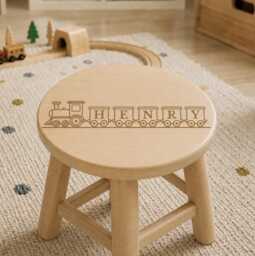Personalized Wooden Train Stool - Child Name Nursery Decor, Rubber Wood - 26x26x4cm