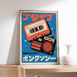 Retro Japanese Poster, Cassette Music Art, Wall Oriental Gift, Decor, Walkman Print - thumbnail 3