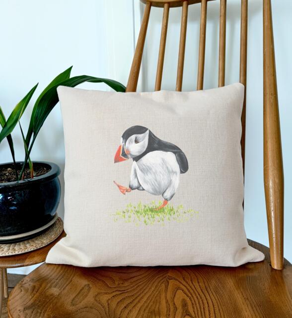 Puffin Cushion Cover - Dancing Throw Pillow Linen Style Wildlife Gift Square Cover Only - image 1