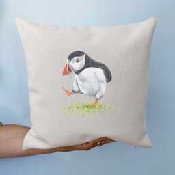 Puffin Cushion Cover - Dancing Throw Pillow Linen Style Wildlife Gift Square Cover Only - thumbnail 3