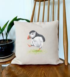 Puffin Cushion Cover - Dancing Throw Pillow Linen Style Wildlife Gift Square Cover Only - thumbnail 1