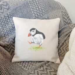 Puffin Cushion Cover - Dancing Throw Pillow Linen Style Wildlife Gift Square Cover Only - thumbnail 2