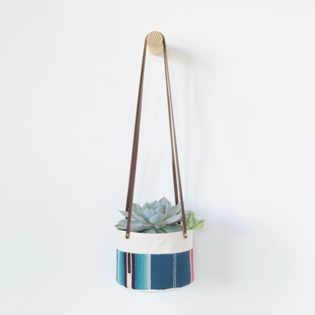 Medium Natural Canvas Hanging Planter - Blue Stripe - image 1