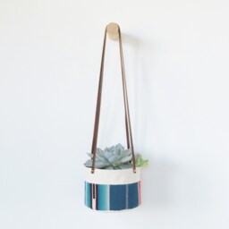 Medium Natural Canvas Hanging Planter - Blue Stripe - thumbnail 1