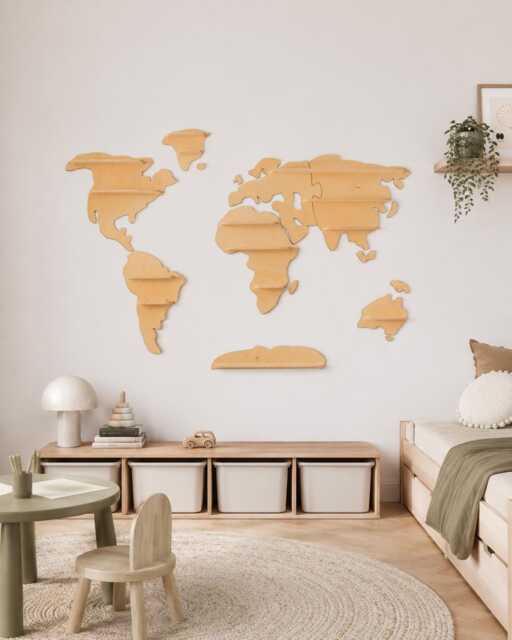 Orange Wooden World Map For Kids Room - Montessori Nursery Wall Decor Toy Storage Shelf - image 1