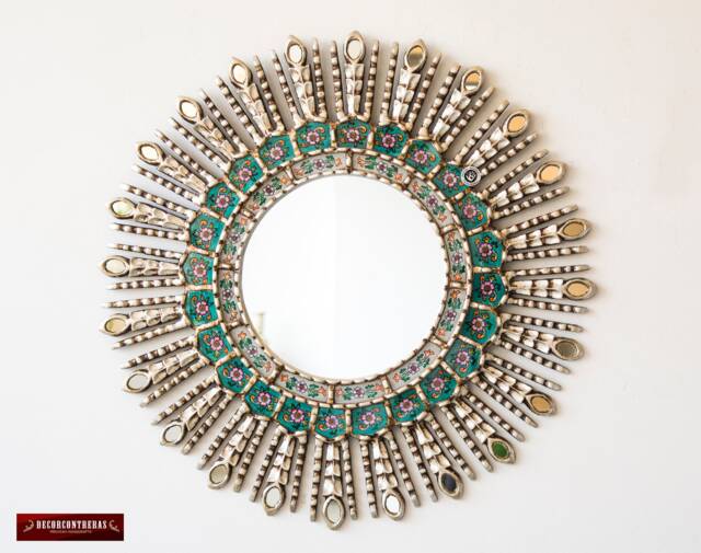 Turquoise Round Wall Mirror Living Room - Peruvian Hanging Wedding Gifts Sunburst On The Birthday For Her Him - image 1