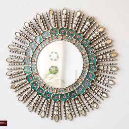 Turquoise Round Wall Mirror Living Room - Peruvian Hanging Wedding Gifts Sunburst On The Birthday For Her Him - thumbnail 2