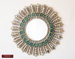 Turquoise Round Wall Mirror Living Room - Peruvian Hanging Wedding Gifts Sunburst On The Birthday For Her Him - thumbnail 1