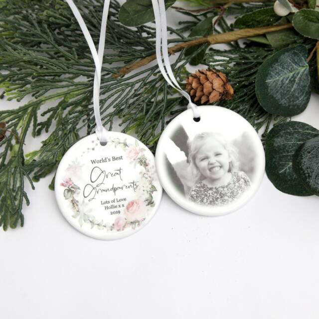Personalised Ceramic Tree Decoration Bauble Grandparent Great Gift Stocking Filler Present Secret Santa Your Photo Snowflake - image 1