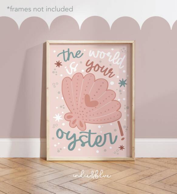 The World Is Your Oyster Print in Pink, Unframed Under The Sea Nursery Print, Girl Decor, Quote Ocean - image 1