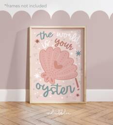 The World Is Your Oyster Print in Pink, Unframed Under The Sea Nursery Print, Girl Decor, Quote Ocean - thumbnail 1
