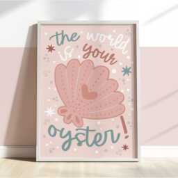 The World Is Your Oyster Print in Pink, Unframed Under The Sea Nursery Print, Girl Decor, Quote Ocean - thumbnail 3