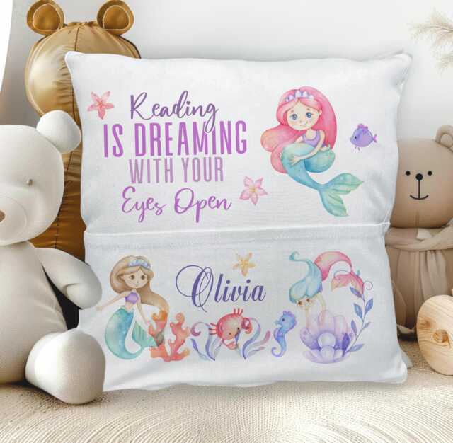 Personalised Mermaid Reading Pillow Kids Custom Tail Cushion, Girls Underwater Gift Pocket Case - image 1