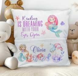 Personalised Mermaid Reading Pillow Kids Custom Tail Cushion, Girls Underwater Gift Pocket Case - thumbnail 1