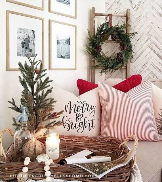 Merry & Bright Christmas Pillow Cover Rustic Linen Farmhouse Decor - image 1
