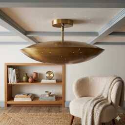 1950's Perforated Brass Dome Chandelier, Mid Century Modern Semi Flush Mount Light - thumbnail 3