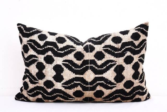 Black Velvet Ikat Pillow Cover, Handmade Silk Cushion - image 1