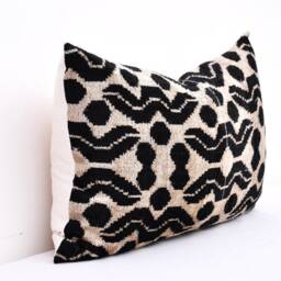 Black Velvet Ikat Pillow Cover, Handmade Silk Cushion - thumbnail 2