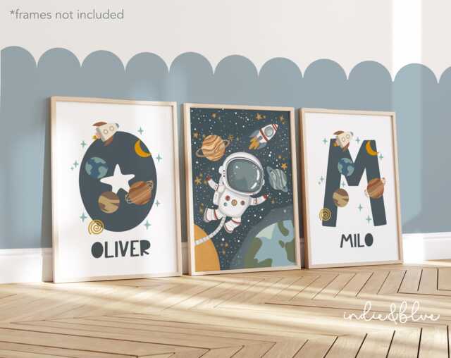 Set Of 3 Personalised Space Posters, Brothers Prints, Astronaut, Matching Initial Print, Bedroom Decor, Playroom Prints - image 1