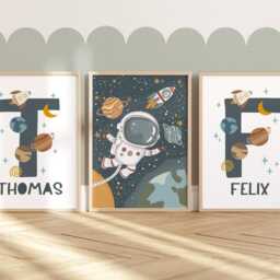 Set Of 3 Personalised Space Posters, Brothers Prints, Astronaut, Matching Initial Print, Bedroom Decor, Playroom Prints - thumbnail 2