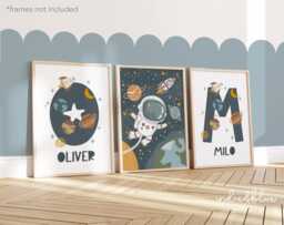 Set Of 3 Personalised Space Posters, Brothers Prints, Astronaut, Matching Initial Print, Bedroom Decor, Playroom Prints - thumbnail 1