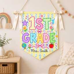 Custom Grade Pennant Classroom Banner, Personalized Wall Hanging With Ribbon