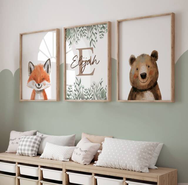 Woodland Nursery Prints, Neutral Decor, Forest Animals, Unisex Nursery, Wall Art, Bear, Baby Boy, Baby Girl, Green Nursery, Toddler Bedroom - image 1