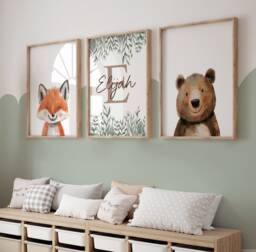 Woodland Nursery Prints, Neutral Decor, Forest Animals, Unisex Nursery, Wall Art, Bear, Baby Boy, Baby Girl, Green Nursery, Toddler Bedroom - thumbnail 1