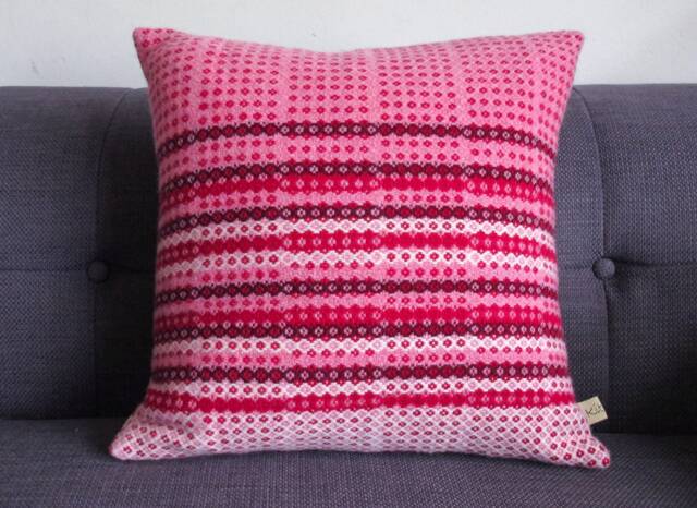 Pink & Red Handwoven Cushion - Lambswool Geometric Pillow - image 1