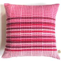 Pink & Red Handwoven Cushion - Lambswool Geometric Pillow - thumbnail 2