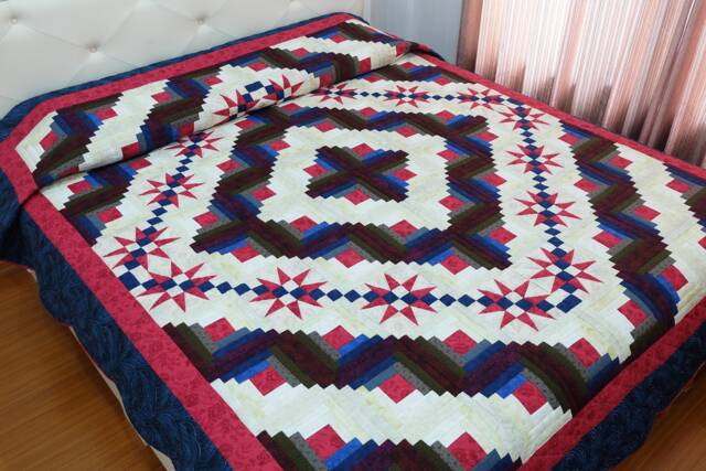 Hand-Stitched Star Over Log Cabin Quilt, 100% Cotton Custom Amish Log Cabin Quilt, Red Brown Blue Queen-Cal King Bedspread - image 1