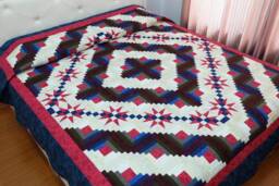 Hand-Stitched Star Over Log Cabin Quilt, 100% Cotton Custom Amish Log Cabin Quilt, Red Brown Blue Queen-Cal King Bedspread - thumbnail 1