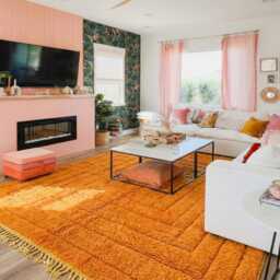 Orange Geometric Moroccan Shag Rug, Large Area Berber Wool Carpet, Hand Tufted Boho Decor - thumbnail 3