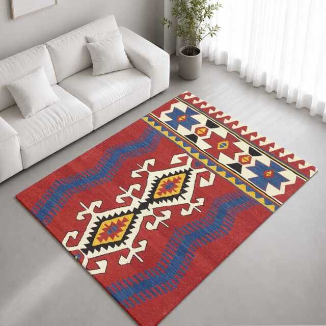 Red Blue Geometric Folk Motif Pattern Rug Non-Slip Soft Area Carpet Bedroom Living Room Hallway Mat Decor - Made in UK - image 1