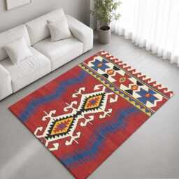 Red Blue Geometric Folk Motif Pattern Rug Non-Slip Soft Area Carpet Bedroom Living Room Hallway Mat Decor - Made in UK - thumbnail 1