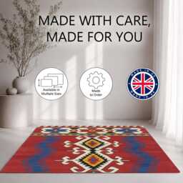 Red Blue Geometric Folk Motif Pattern Rug Non-Slip Soft Area Carpet Bedroom Living Room Hallway Mat Decor - Made in UK - thumbnail 2