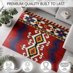 Red Blue Geometric Folk Motif Pattern Rug Non-Slip Soft Area Carpet Bedroom Living Room Hallway Mat Decor - Made in UK - thumbnail 3