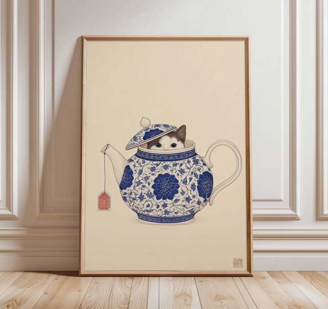 Cat in Teapot Wall Art Poster, Cute Animal Print, Whimsical Kitchen Decor, Oriental Blue & White Illustration, Playful Poster - image 1