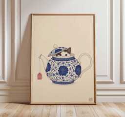 Cat in Teapot Wall Art Poster, Cute Animal Print, Whimsical Kitchen Decor, Oriental Blue & White Illustration, Playful Poster - thumbnail 1