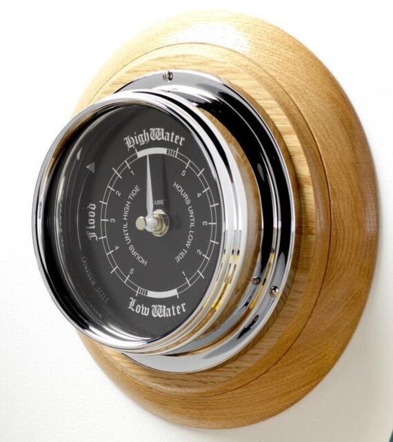 Tabic Prestige Tide Clock With Jet Black Dial, Mounted On A Solid English Oak Mount, Chrome Plated Brass Tideclock, Handmade in England - image 1