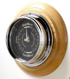 Tabic Prestige Tide Clock With Jet Black Dial, Mounted On A Solid English Oak Mount, Chrome Plated Brass Tideclock, Handmade in England