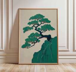 Japanese Bonsai Tree Art Print, Minimalist Nature Wall Art, Zen Landscape Poster, Modern Asian Decor, Green Botanical Artwork - thumbnail 1