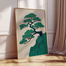 Japanese Bonsai Tree Art Print, Minimalist Nature Wall Art, Zen Landscape Poster, Modern Asian Decor, Green Botanical Artwork - thumbnail 2