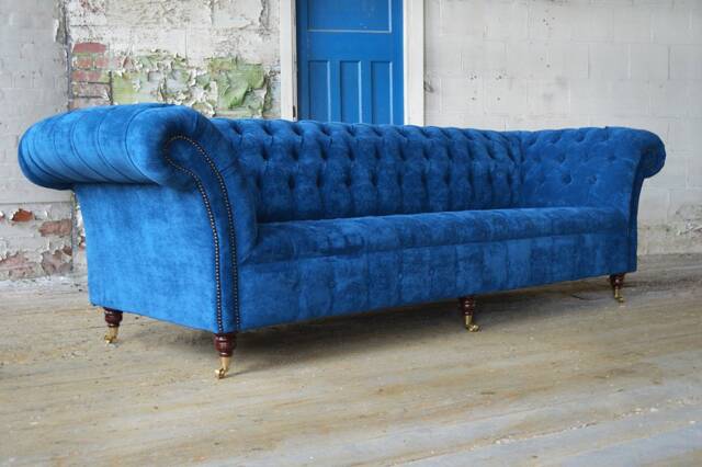 British Handmade Teal Blue Textured Velvet 4 Seater Chesterfield Sofa - image 1