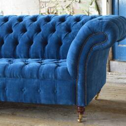 British Handmade Teal Blue Textured Velvet 4 Seater Chesterfield Sofa - thumbnail 3