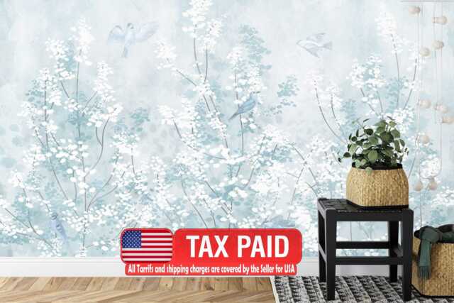 Soft Blue Chinoiserie Bird & Blossom Wallpaper Mural, Peel Stick - image 1
