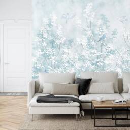 Soft Blue Chinoiserie Bird & Blossom Wallpaper Mural, Peel Stick - thumbnail 3