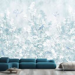 Soft Blue Chinoiserie Bird & Blossom Wallpaper Mural, Peel Stick - thumbnail 2