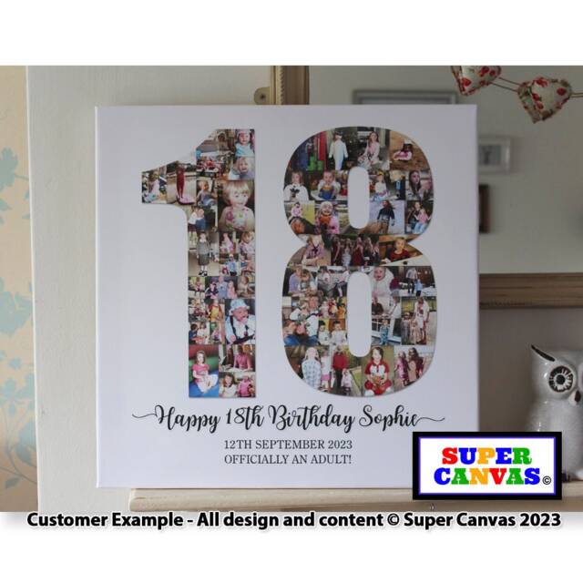 18Th Birthday Personalised Custom Number 18 Shape Photo Board Collage Framed Canvas Print Daughter Son Grandchild Friend Gift - image 1