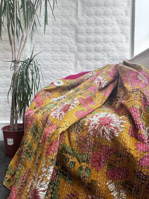 Kantha Stitch Pure Cotton Reversible Bed/Sofa Throw King Size Handmade Floral Indian Dohar Elegant Dusted Mustard Rose Pink Botanical Bloom - image 1
